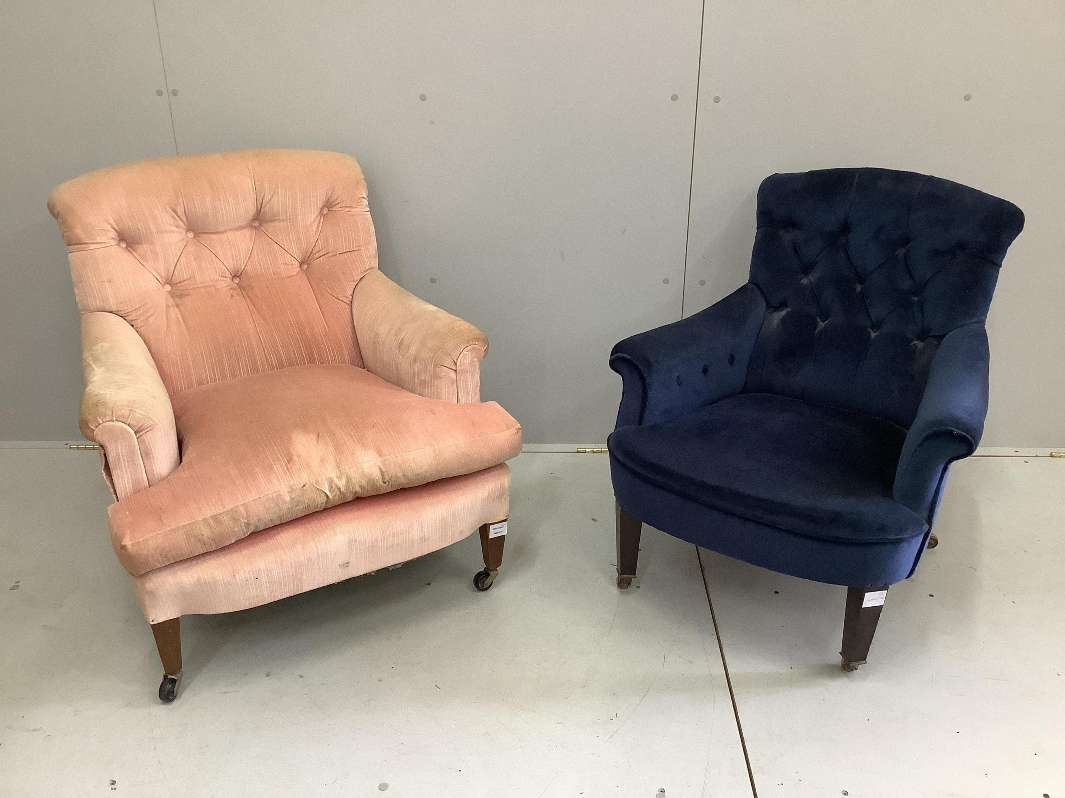 Two Edwardian upholstered buttoned back low seat armchairs, larger width 74cm, depth 64cm, height 80cm. Condition - fair